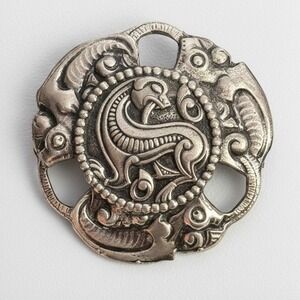 Vintage Viking Dragon Brooch Pewter Tone Norse Mythology Pin 1970s